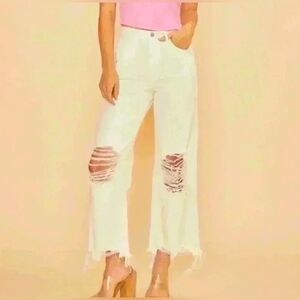 ANNIEWEAR Distressed Wide Leg High Rise White Cotton Jeans size S